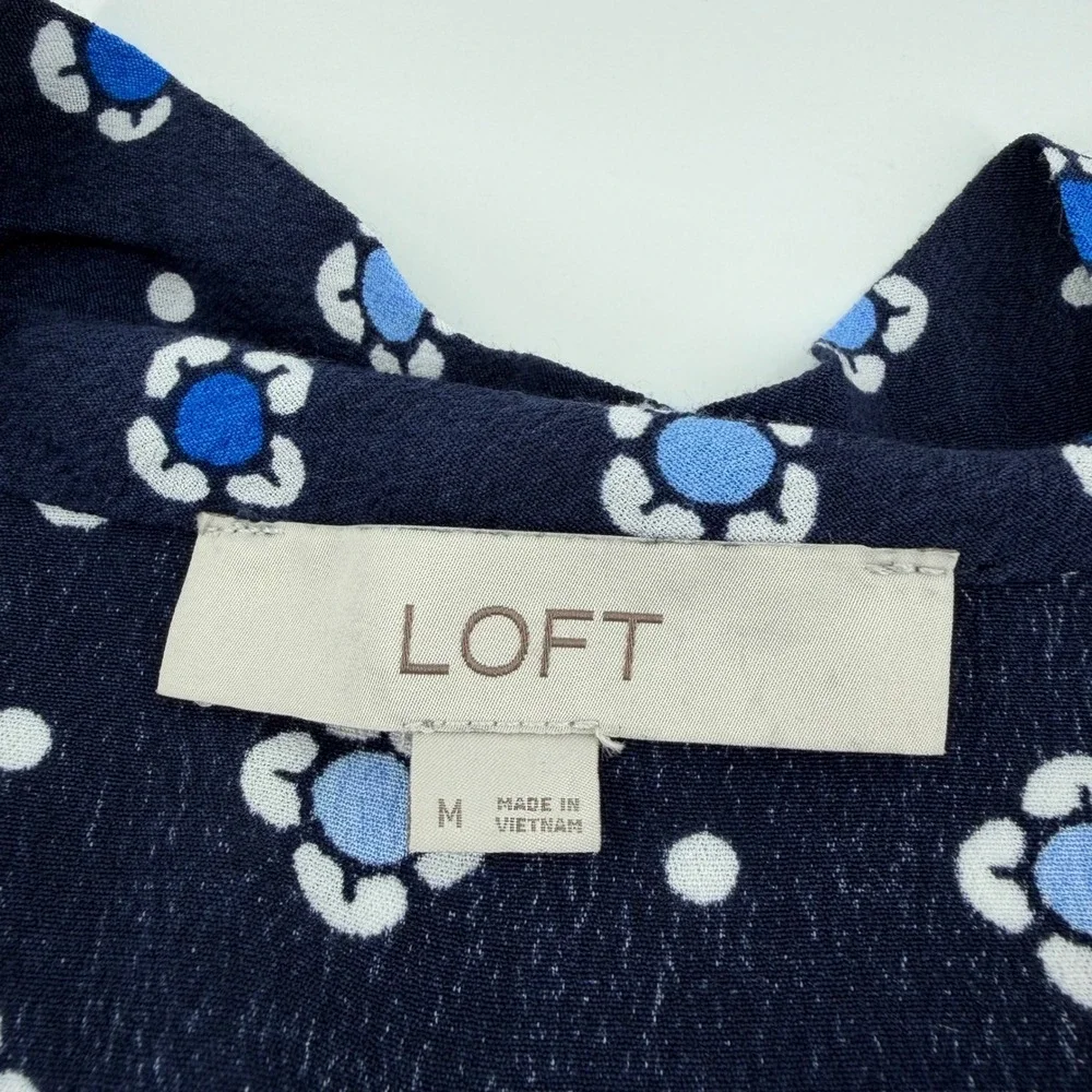 LOFT Womens Medium Navy Blue Floral Medallion Tie Neck Puff Short Sleeve Blouse
